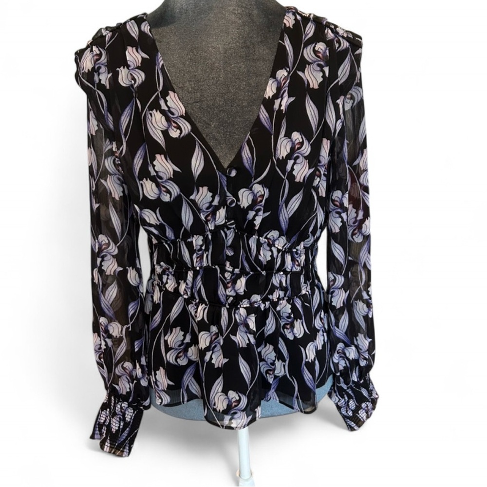 White House Black Market Black Floral V-Neck Peplum Blouse with White Accents